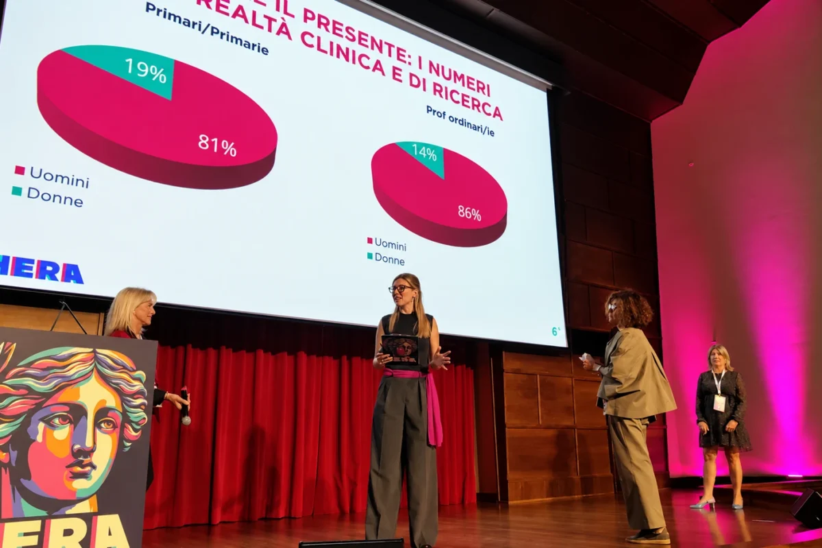 Relatrici sul palco di HERA Congress 2025 davanti a una slide con la percentuale di donne tra primari e professori ordinari